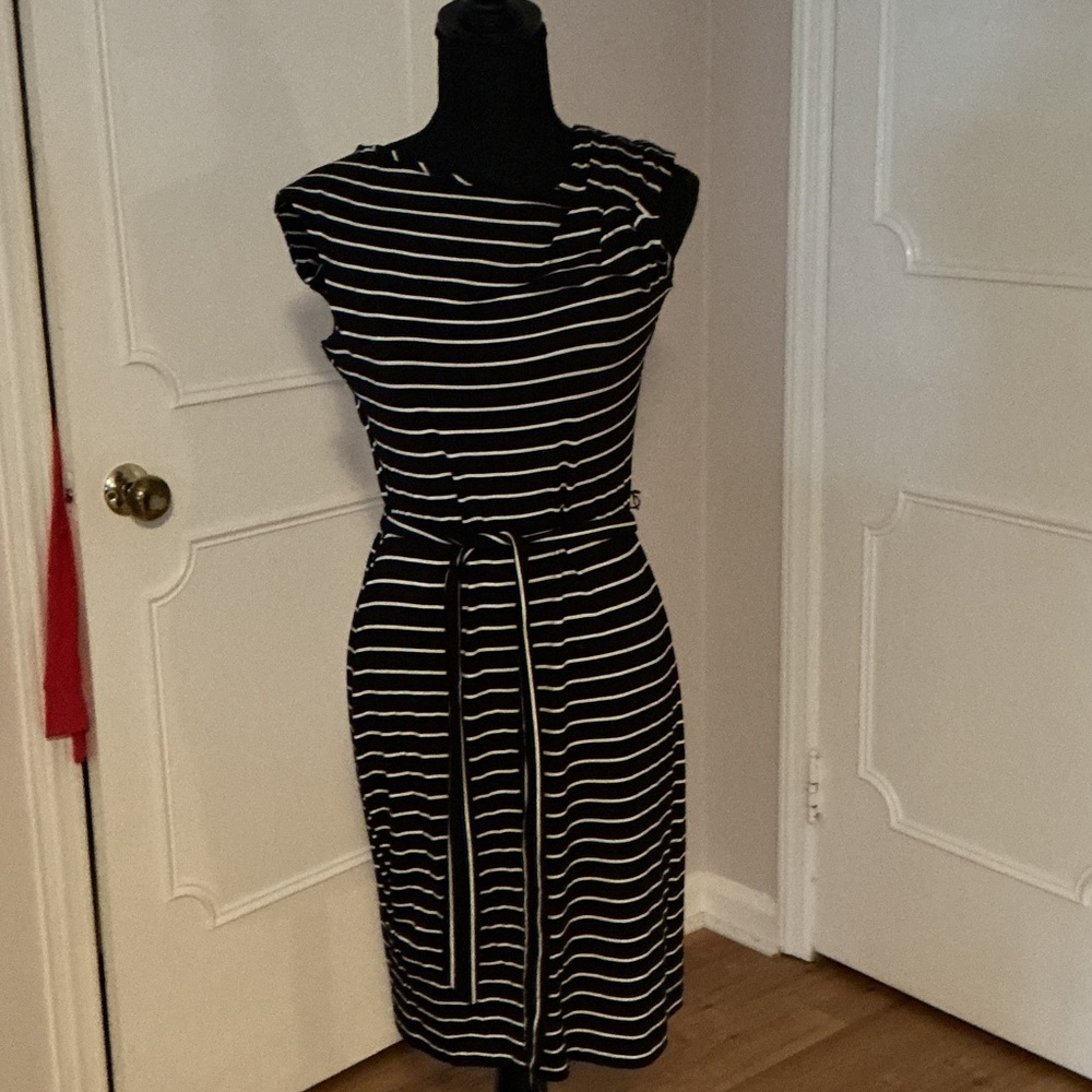 Calvin Klein Black and White Striped Midi Dress